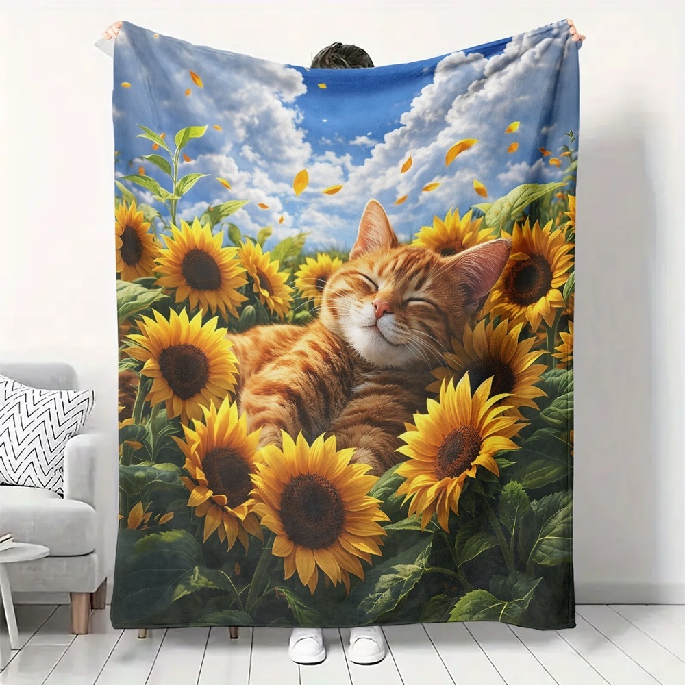 Sunflower Cat Plush Throw Blanket - Bright Yellow & Blue